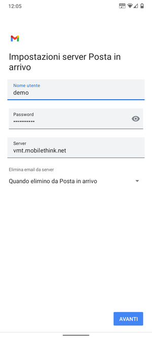Inserisci Nome utente e l'indirizzo del server di posta in arrivo. Seleziona AVANTI