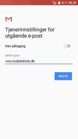 Skriv inn utgående serveradresse og velg NESTE