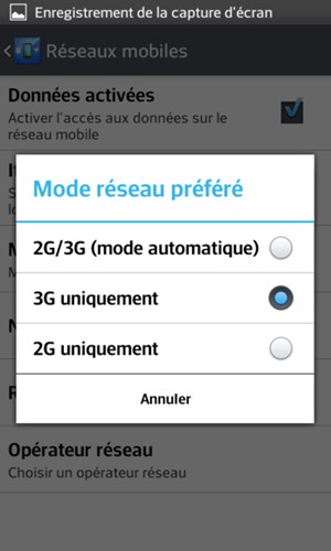 Sélectionnez 3G uniquement pour activer la 3G