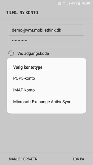 Vælg POP3-konto eller IMAP-konto