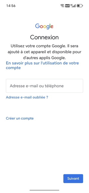 Saisissez votre adresse Gmail et sélectionnez Suivant