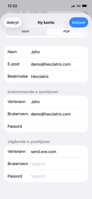 Skriv inn e-postinformasjon for Utgående e-posttjener og velg Arkiver