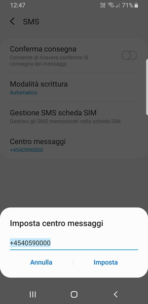 Inserisci il numero di Centro messaggi e seleziona Imposta