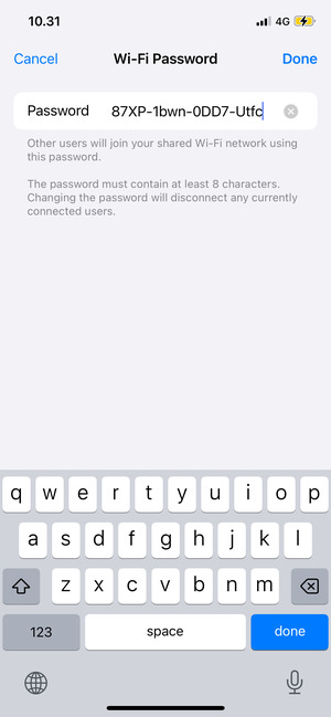 Enter a Wi-Fi hotspot password of at least 8 characters and select Done