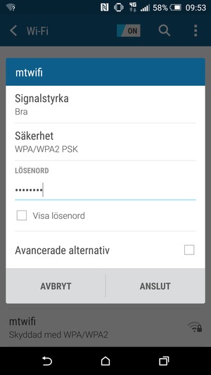 Ange lösenord till Wi-Fi och välj ANSLUT