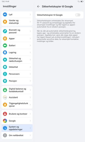 Slå på Sikkerhetskopier til Google