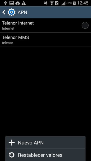 Si la pantalla tiene este aspecto, seleccione el botón Menú y seleccione Nuevo APN