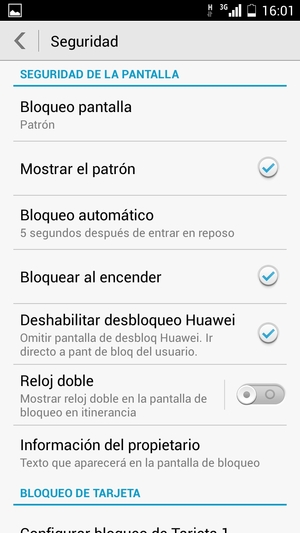 Para activar su bloqueo de pantalla, vaya al menú Seguridad y seleccione Bloqueo pantalla