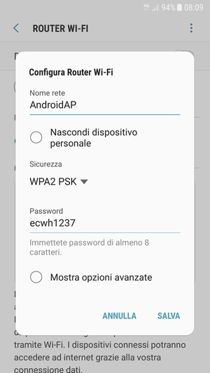 Inserisci una password di almeno 8 caratteri e seleziona SALVA