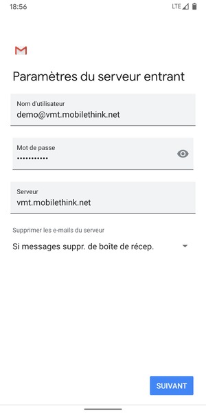Saisissez votre Nom d'utilisateur et l'adresse du serveur entrant. Sélectionnez SUIVANT