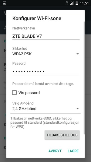 Skriv inn et Wi-Fi hotspot-passord på minst 8 tegn og velg LAGRE