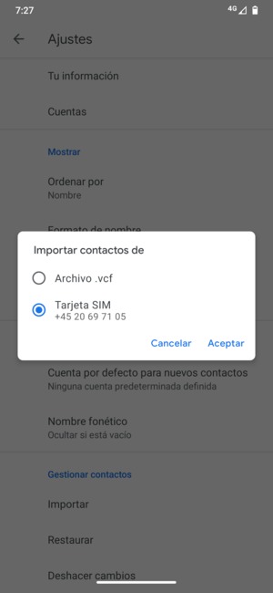 Seleccione Tarjeta SIM y Aceptar