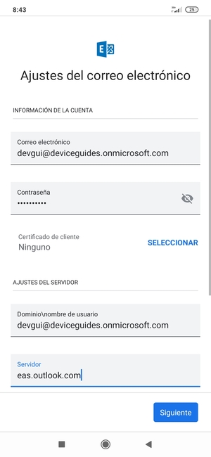 Introduzca Nombre de usuario y la dirección de servidor Exchange. Seleccione Siguiente