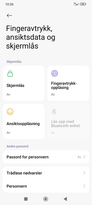 For å aktivere skjermlåsen, gå tilbake til Fingeravtrykk, ansiktsdata og skjermlås-menyen og velg Skjermlås