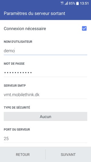 Saisissez l'adresse du serveur sortant