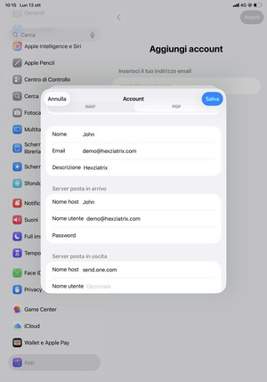 Inserisci le informazioni dell'email per Server posta in uscita e seleziona Salva
