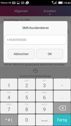 Geben Sie die SMS-Kundendienst Nummer ein und wählen Sie OK