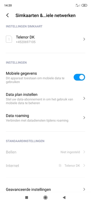 Selecteer Data roaming