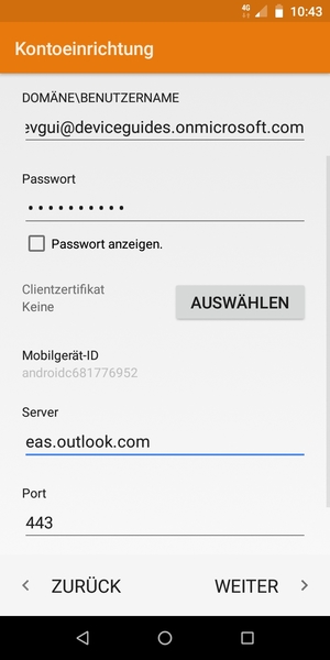 Geben Sie Benutzername und Exchange Server-Adresse ein. Wählen Sie WEITER