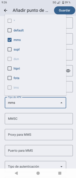 Marque la casilla de verificación mms