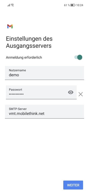 Geben Sie die Server-Adresse für ausgehende Post ein und wählen Sie WEITER