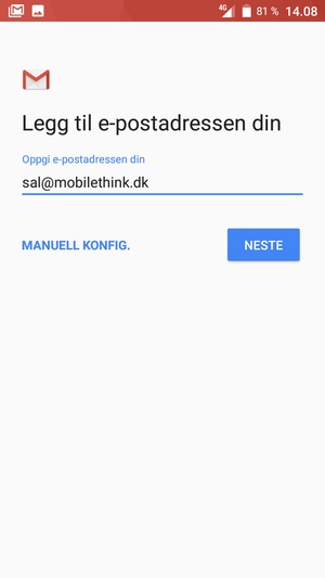 Skriv inn e-postadresse og velg MANUELL KONFIG.
