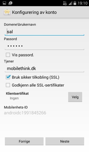 Skriv inn Brukernavn og Exchange serveradresse. Velg Neste