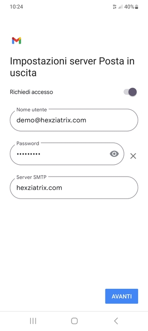 Inserisci l'indirizzo del server di posta in uscita e seleziona AVANTI
