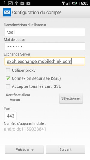 Saisissez votre Nom d'utilisateur et l'adresse du serveur Exchange. Sélectionnez Suivant