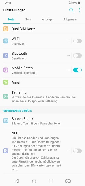 Wählen Sie Netz und Dual SIM-Karte