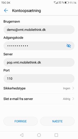 Indtast Brugernavn og indgående serveradresse. Vælg NÆSTE