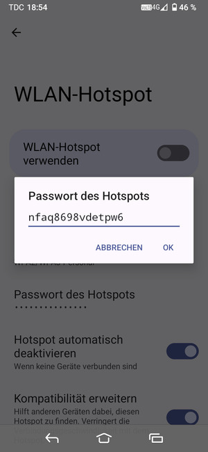 Geben Sie eine WLAN-Hotspot-Passwort mit mindestens 8 Zeichen ein und wählen Sie OK