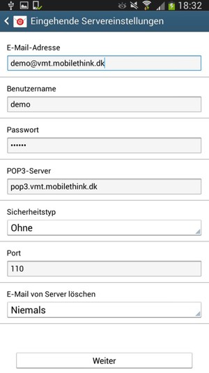 Geben Sie Benutzername und die Server-Adresse für eingehende Post ein. Wählen Sie Weiter