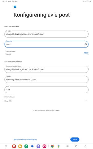 Skriv inn Brukernavn og Exchange serveradresse. Velg NESTE