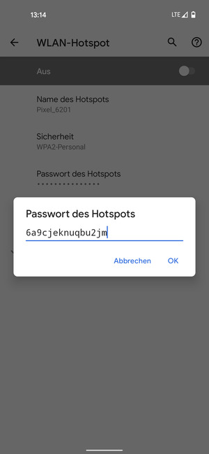 Geben Sie eine WLAN-Hotspot-Passwort mit mindestens 8 Zeichen ein und wählen Sie OK