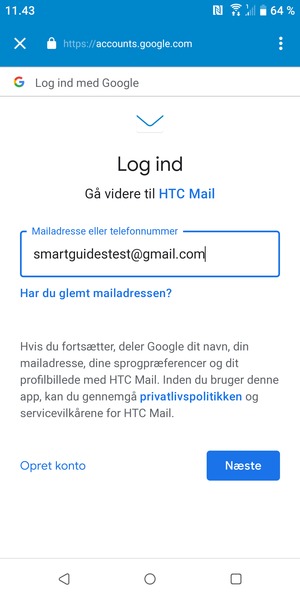 Indtast din Gmail adresse og vælg Næste