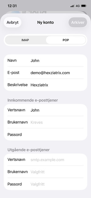 Velg POP eller IMAP og skriv inn e-postinformasjon for Innkommende e-posttjener