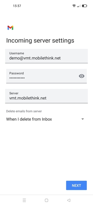 Enter Username and Incoming server address. Select NEXT