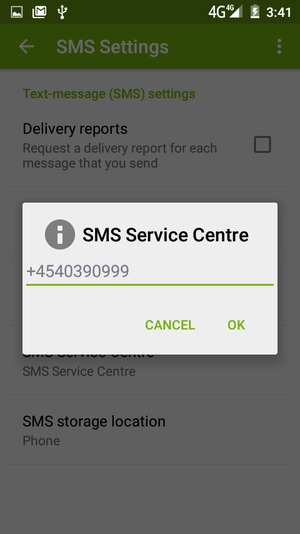 Enter the SMS Service Centre number and select OK