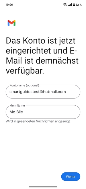Geben Sie Ihrem Konto einen Namen und geben Sie Ihren Namen ein. Wählen Sie Weiter