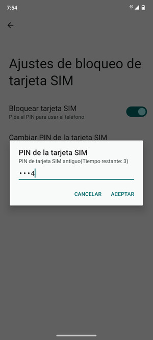 Introduzca PIN de tarjeta SIM antiguo y seleccione ACEPTAR
