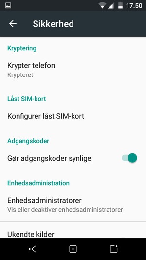 For at ændre PIN-koden til sim-kortet, vend tilbage til menuen Sikkerhed og vælg Konfigurer låst SIM-kort