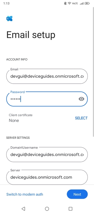 Enter Username and Exchange server address. Select Next