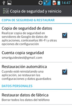 Seleccione Cuenta copia seguridad