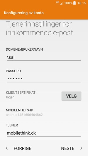 Skriv inn Brukernavn og Exchange serveradresse. Velg NESTE