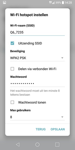 Voer een wachtwoord van ten minste 8 tekens in en selecteer OPSLAAN