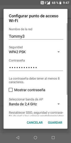 Introduzca una contraseña de punto de acceso Wi-Fi de al menos 8 caracteres y seleccione GUARDAR