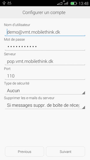 Saisissez votre Nom d'utilisateur et l'adresse du serveur entrant. Sélectionnez Suivant