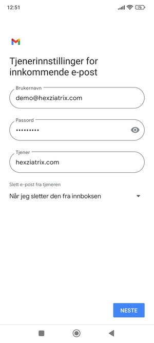 Skriv inn Brukernavn og innkommende serveradresse. Velg NESTE