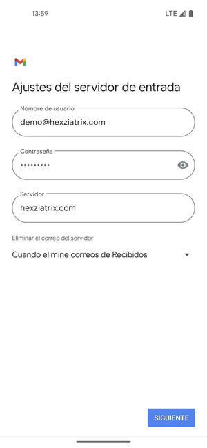 Introduzca Nombre de usuario y la dirección de servidor entrante. Seleccione SIGUIENTE